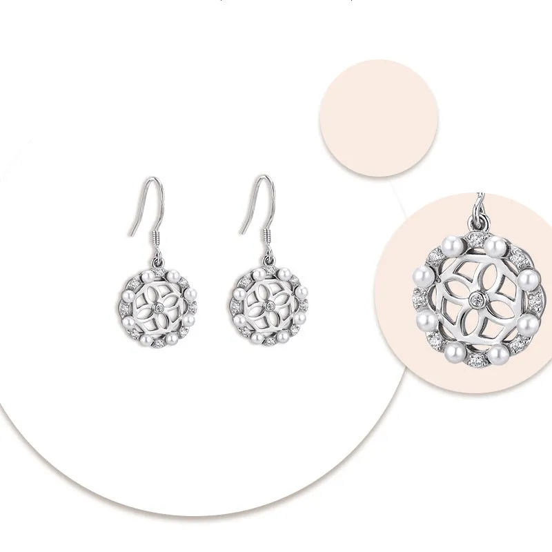 Hollow Four-leaf Clover with Zircon and Pearl Circle Silver Drop Earrings for Women