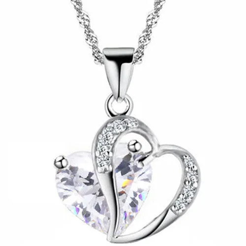 Hot Women Lady Heart Crystal Silver Amethyst Pendant Necklace Jewelry for Lover Gift