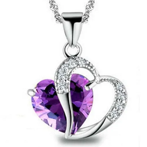 Hot Women Lady Heart Crystal Silver Amethyst Pendant Necklace Jewelry for Lover Gift