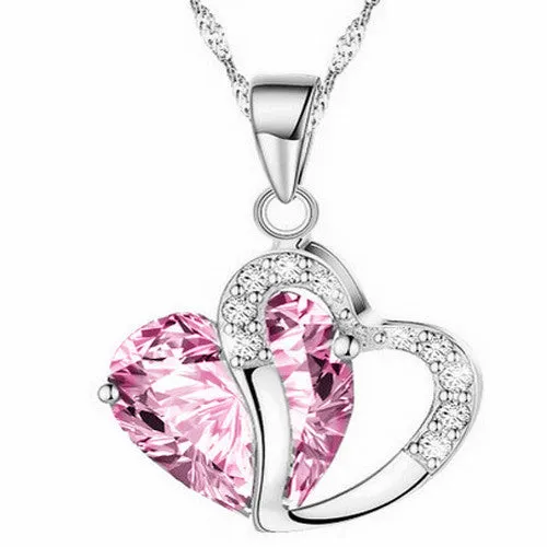 Hot Women Lady Heart Crystal Silver Amethyst Pendant Necklace Jewelry for Lover Gift