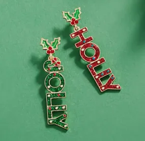 Jewelry - Enamel Holly Jolly Christmas Message Dangle Earrings, Red/Green