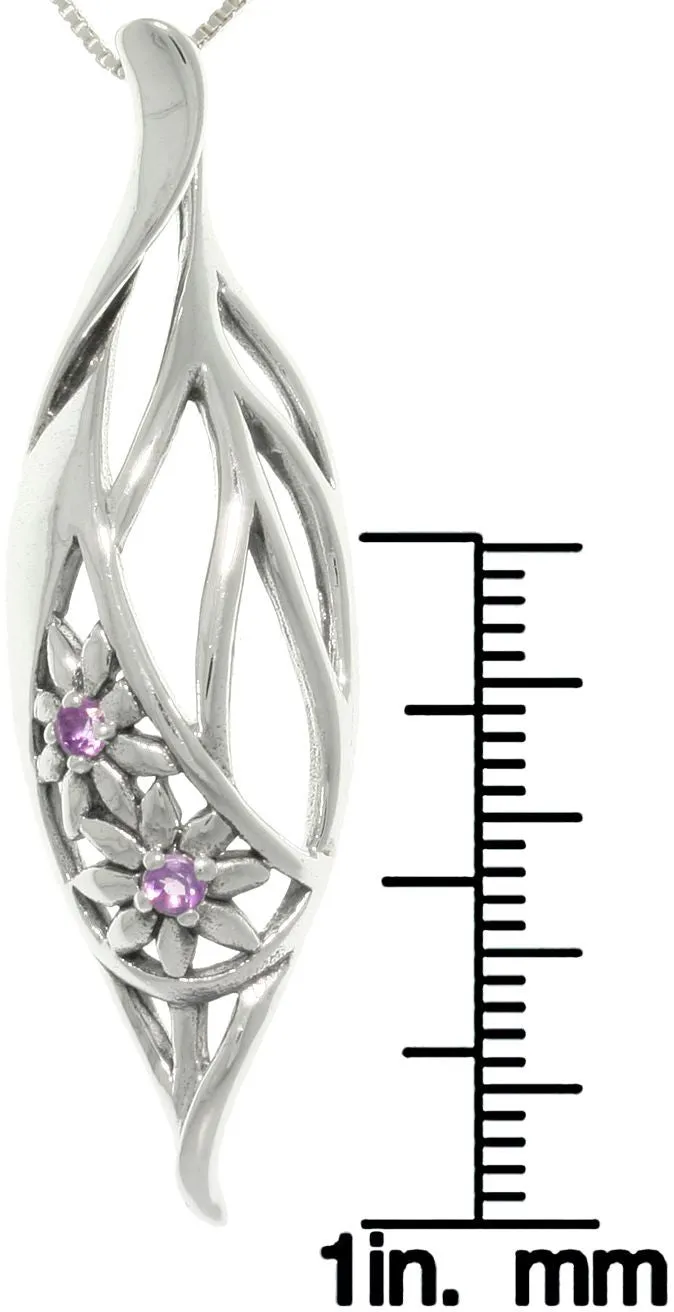 Jewelry Trends Sterling Silver Elegant Flowers Teardrop with Amethyst Pendant on 18 Inch Necklace
