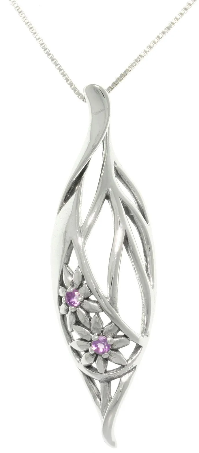 Jewelry Trends Sterling Silver Elegant Flowers Teardrop with Amethyst Pendant on 18 Inch Necklace