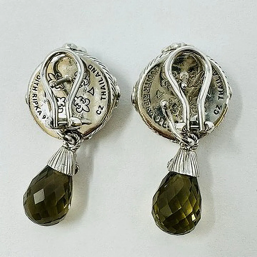 Judith Ripka Round Drop Earrings with  CZ  and Smoky Quartz