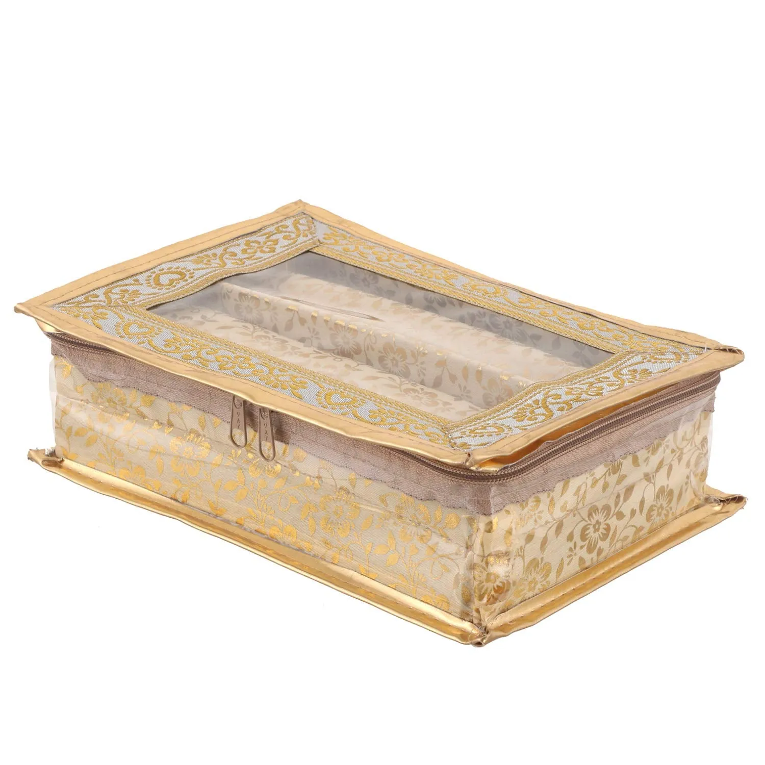 Kuber Industries Brocade Hardboard Two Rod Bangle Box (Gold)-CTKTC025684