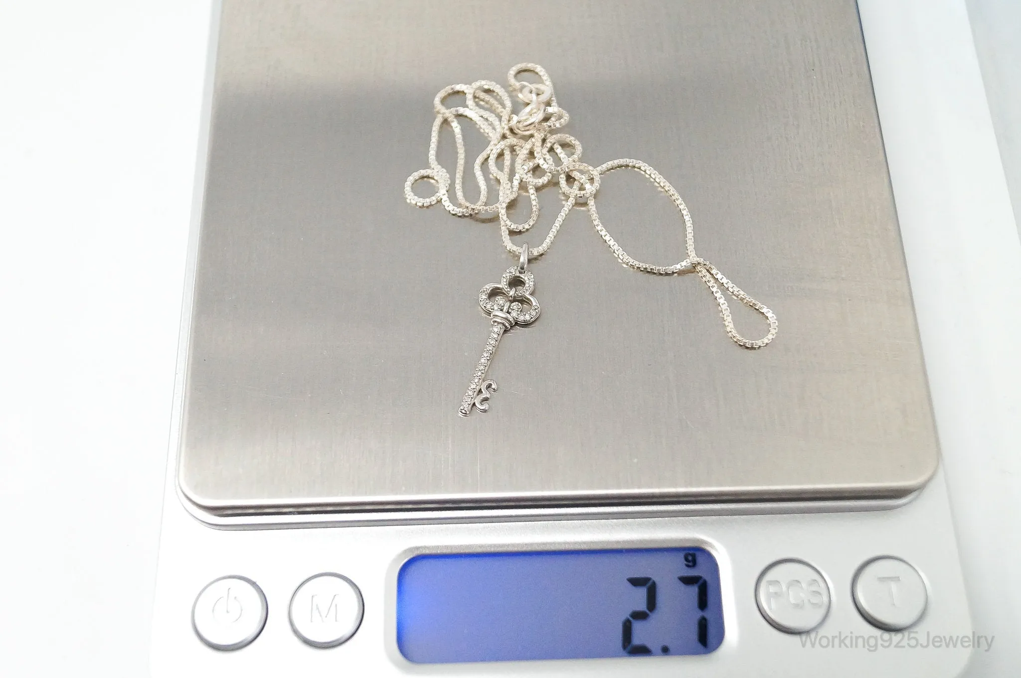 Large Designer Cubic Zirconia Key Sterling Silver Necklace