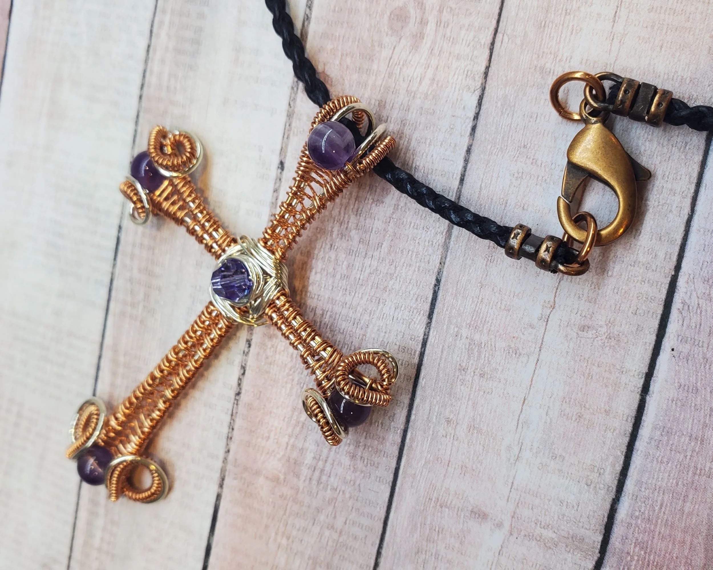Large Intricate Amethyst Beaded Wire Woven Copper and Silver Cross Crystal Necklace