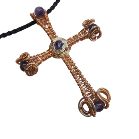 Large Intricate Amethyst Beaded Wire Woven Copper and Silver Cross Crystal Necklace