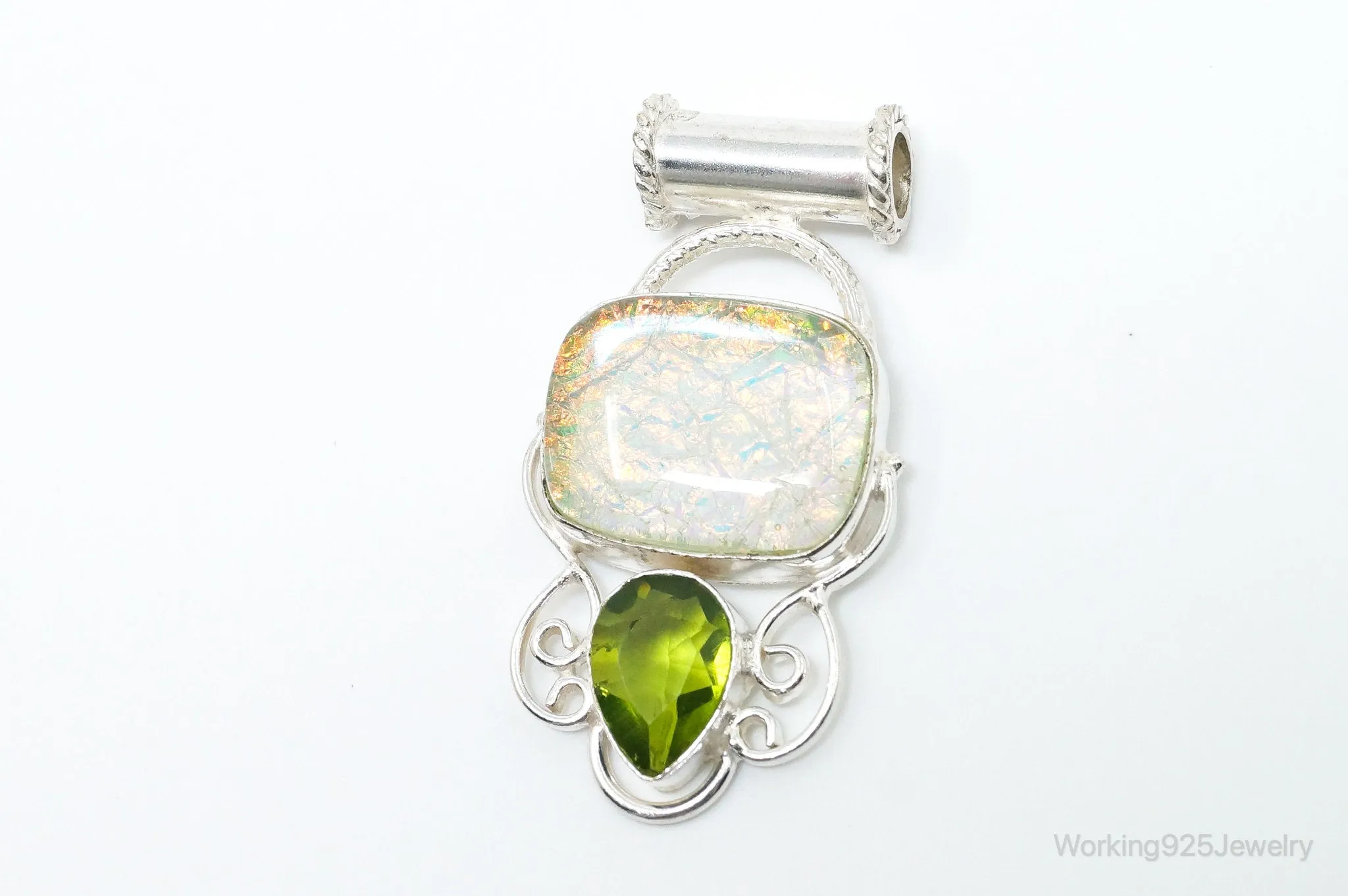 Large Vintage Rainbow Glass Peridot Sterling Silver Pendant