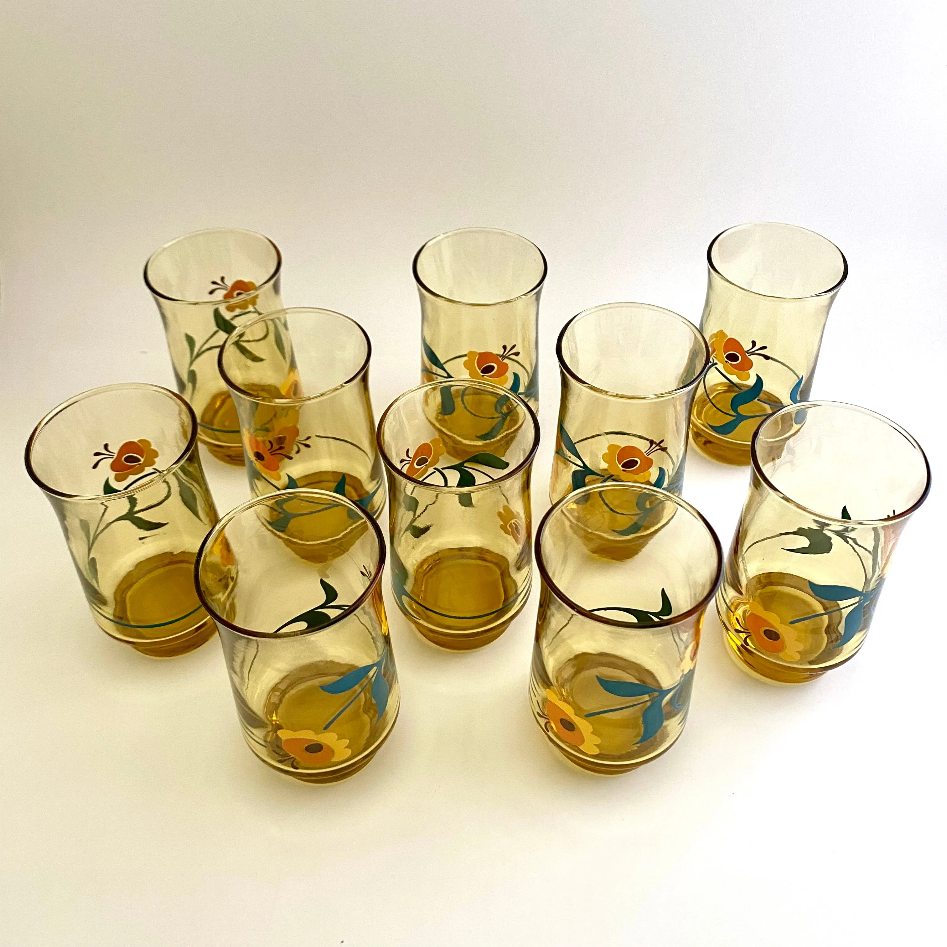 Late 70s/ Early 80s Yellow Flowered Glasses (Set of 10)