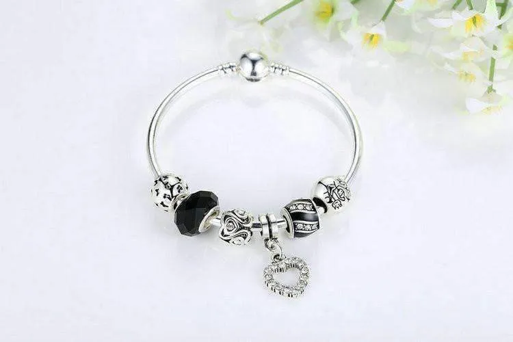 Love & Family Black Glass Silver Bangle Bracelet for Woman
