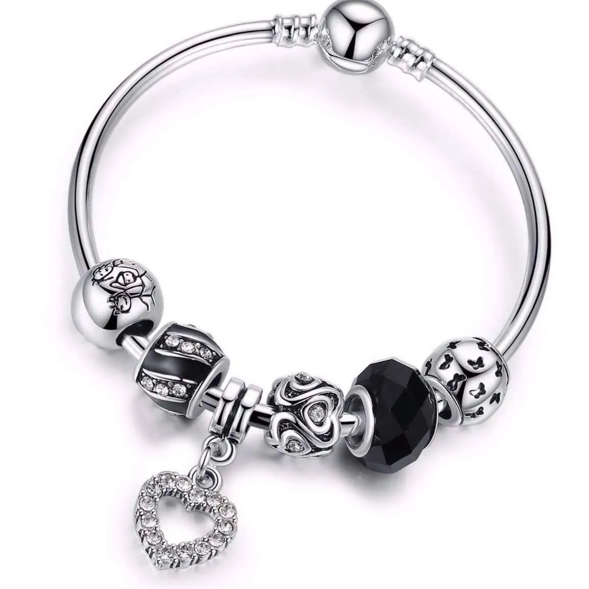 Love & Family Black Glass Silver Bangle Bracelet for Woman