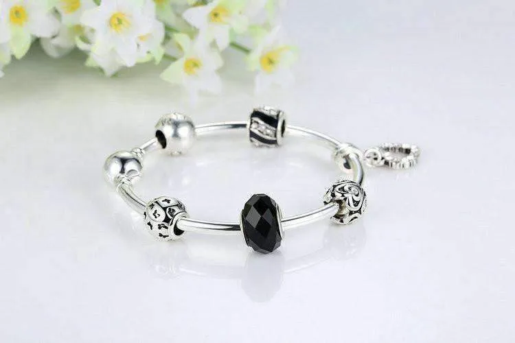Love & Family Black Glass Silver Bangle Bracelet for Woman