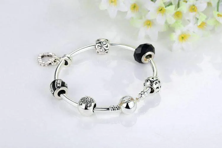 Love & Family Black Glass Silver Bangle Bracelet for Woman