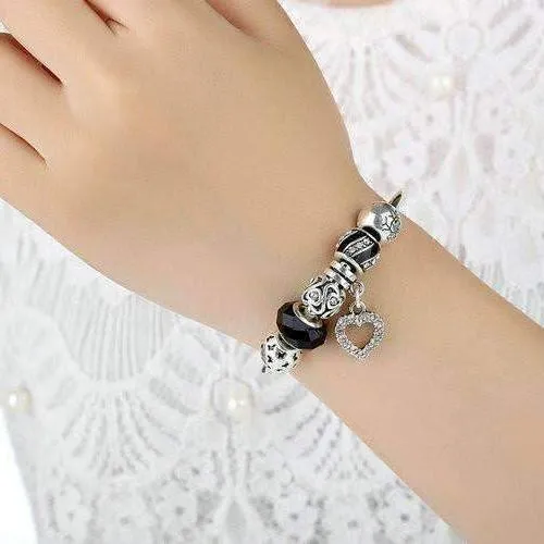 Love & Family Black Glass Silver Bangle Bracelet for Woman