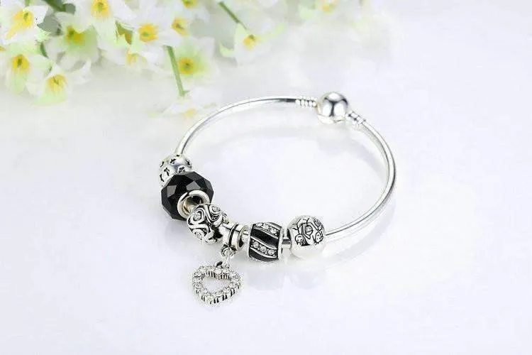 Love & Family Black Glass Silver Bangle Bracelet for Woman