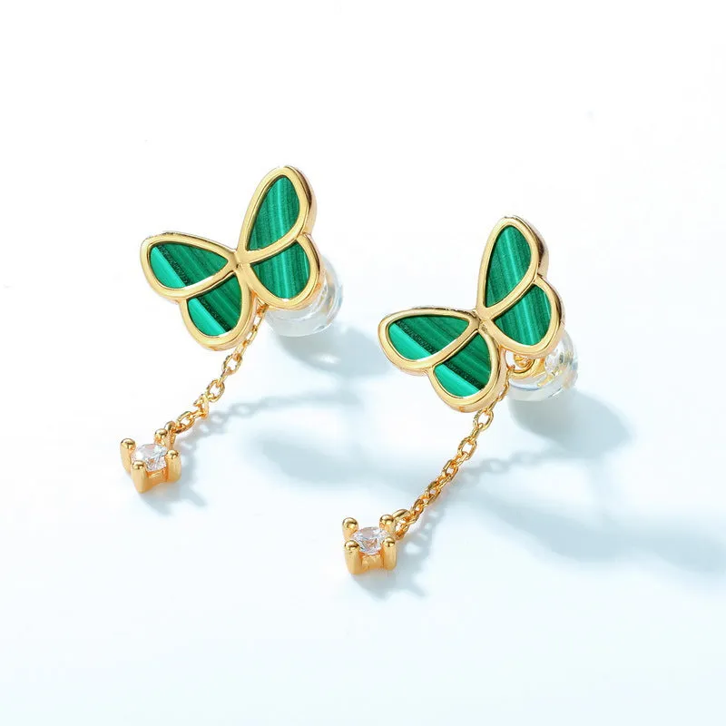 Malachite Butterfly Tassel Zircon Combination Sterling Silver Drop Earrings
