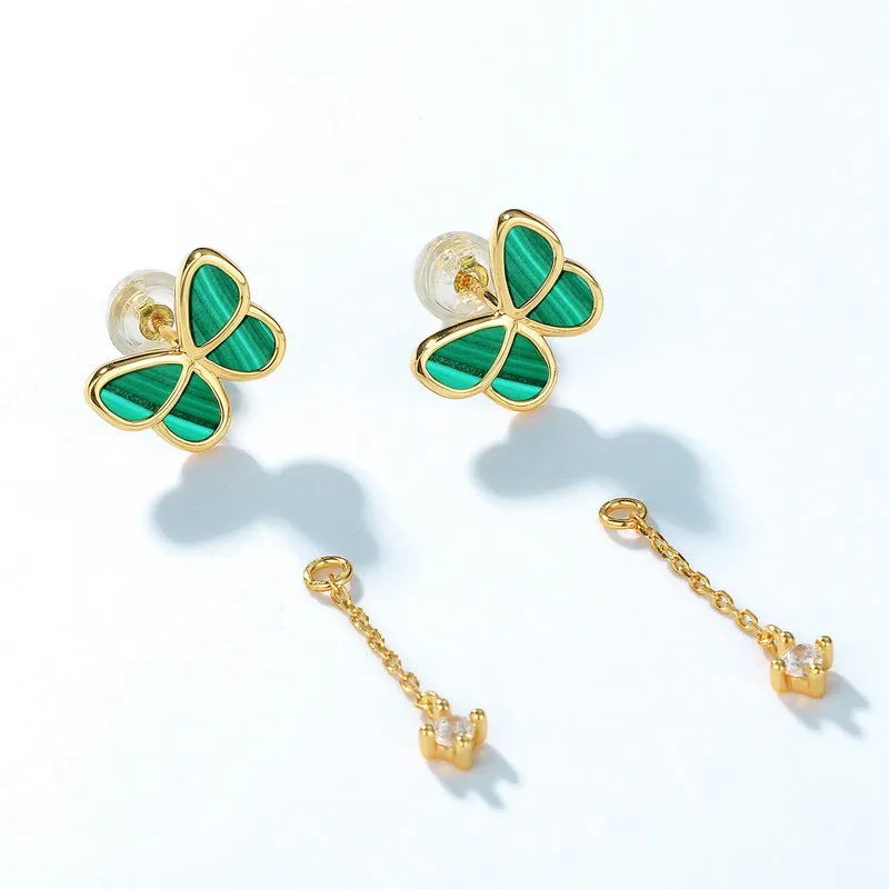 Malachite Butterfly Tassel Zircon Combination Sterling Silver Drop Earrings