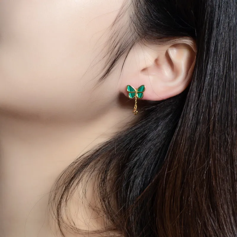Malachite Butterfly Tassel Zircon Combination Sterling Silver Drop Earrings