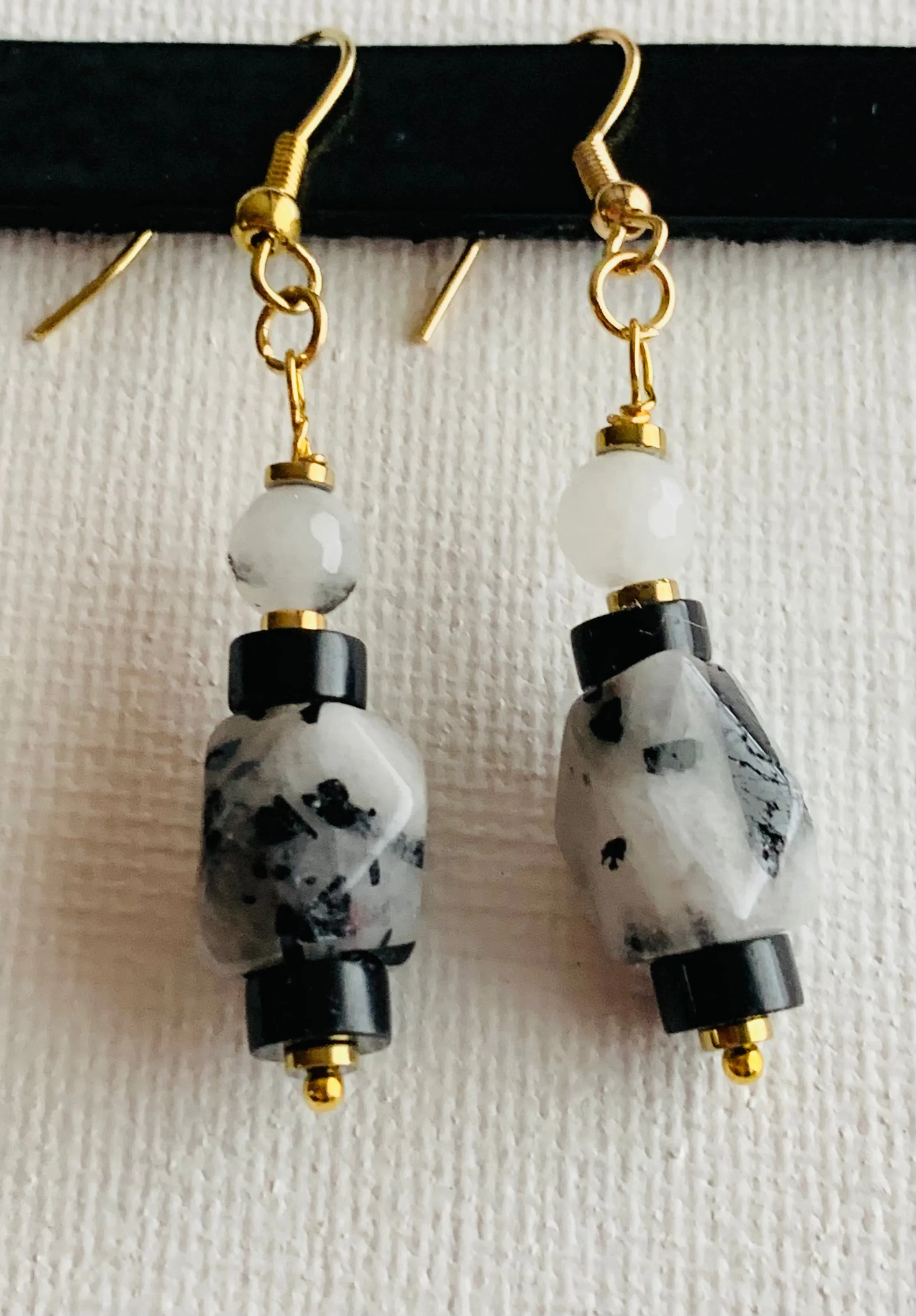 Marisa Handmade Tourmalinated Quartz, Rutilated Quartz, Black Onyx, and Gold Plated Hematite Earrings