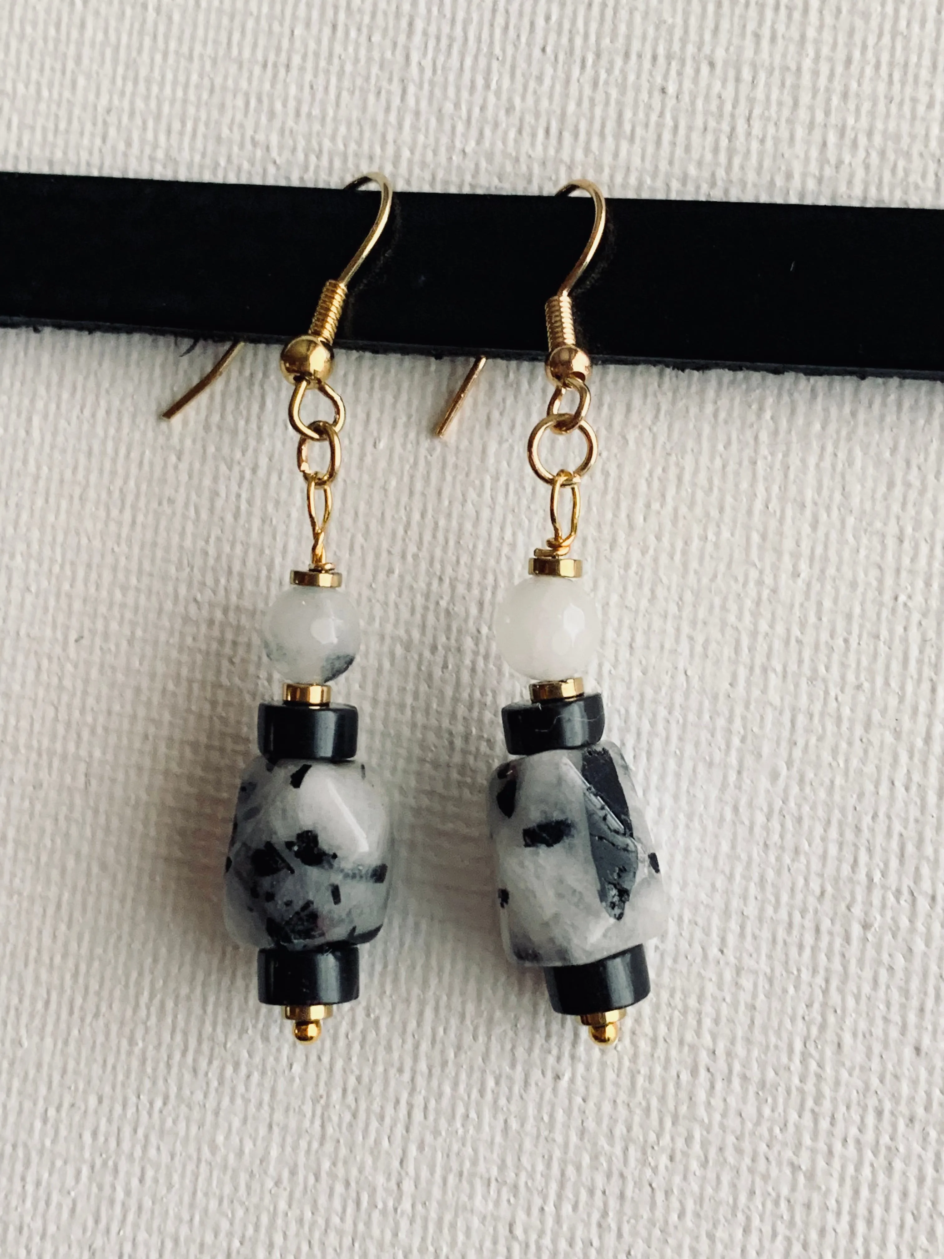 Marisa Handmade Tourmalinated Quartz, Rutilated Quartz, Black Onyx, and Gold Plated Hematite Earrings