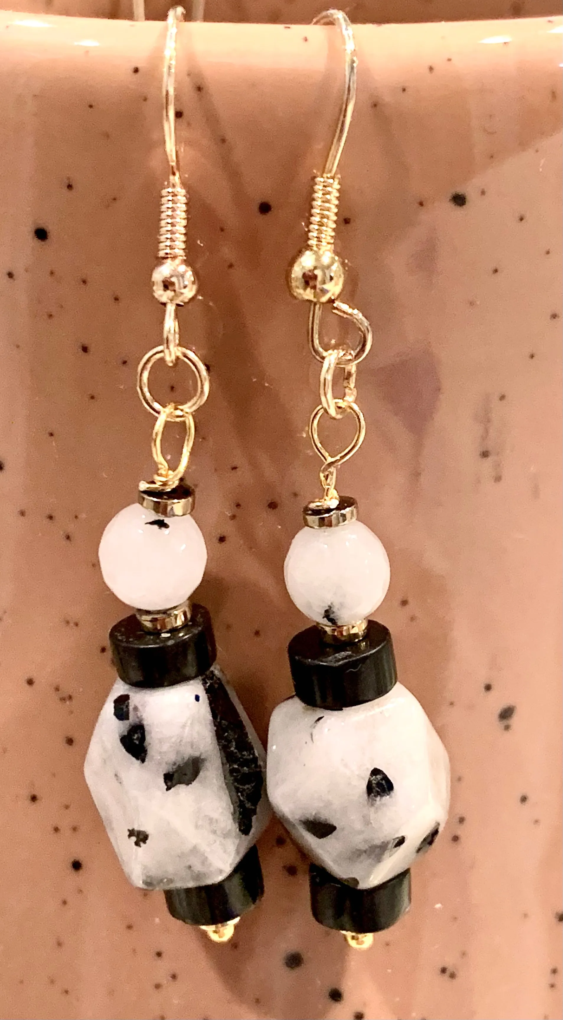 Marisa Handmade Tourmalinated Quartz, Rutilated Quartz, Black Onyx, and Gold Plated Hematite Earrings