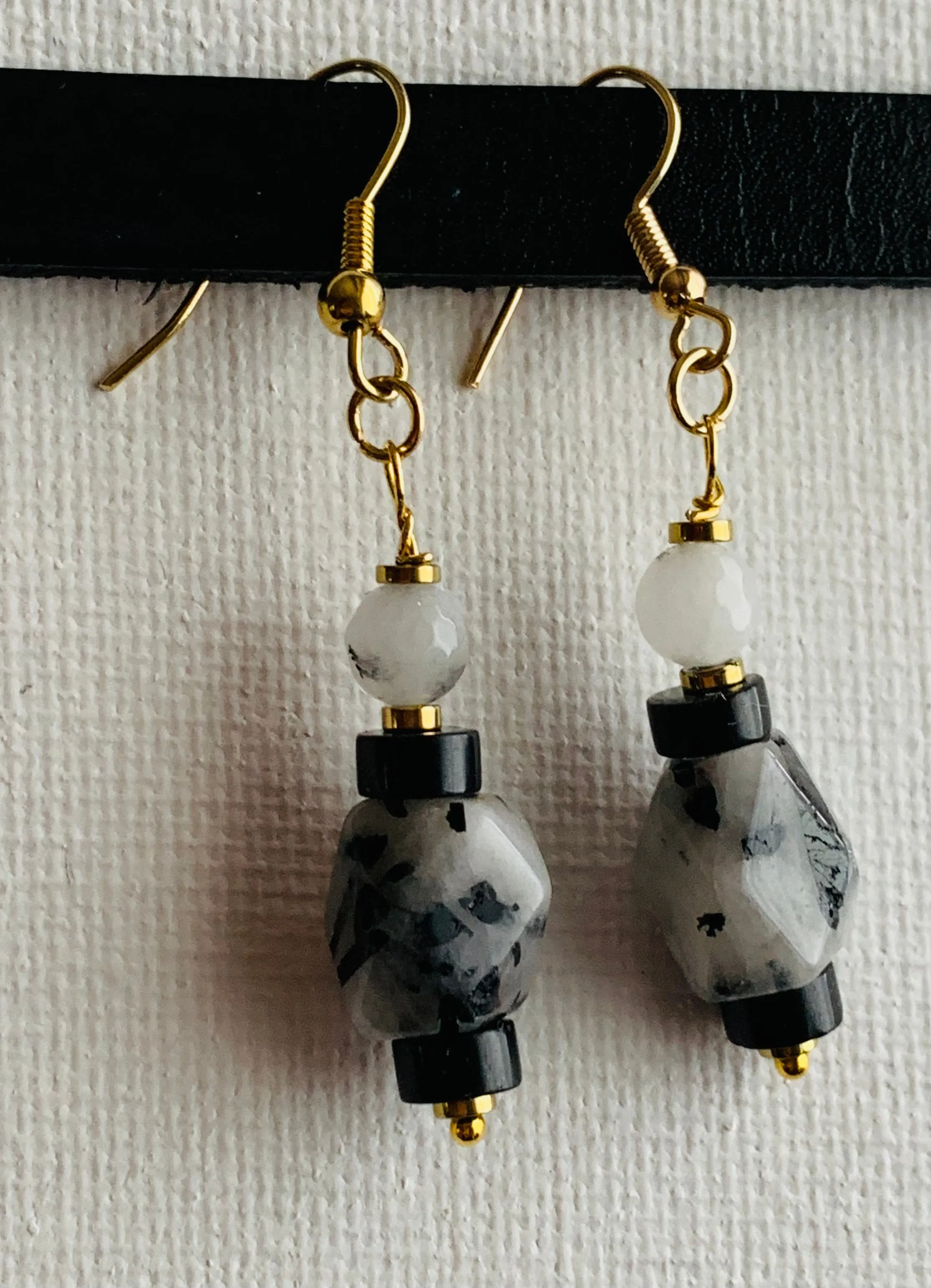 Marisa Handmade Tourmalinated Quartz, Rutilated Quartz, Black Onyx, and Gold Plated Hematite Earrings