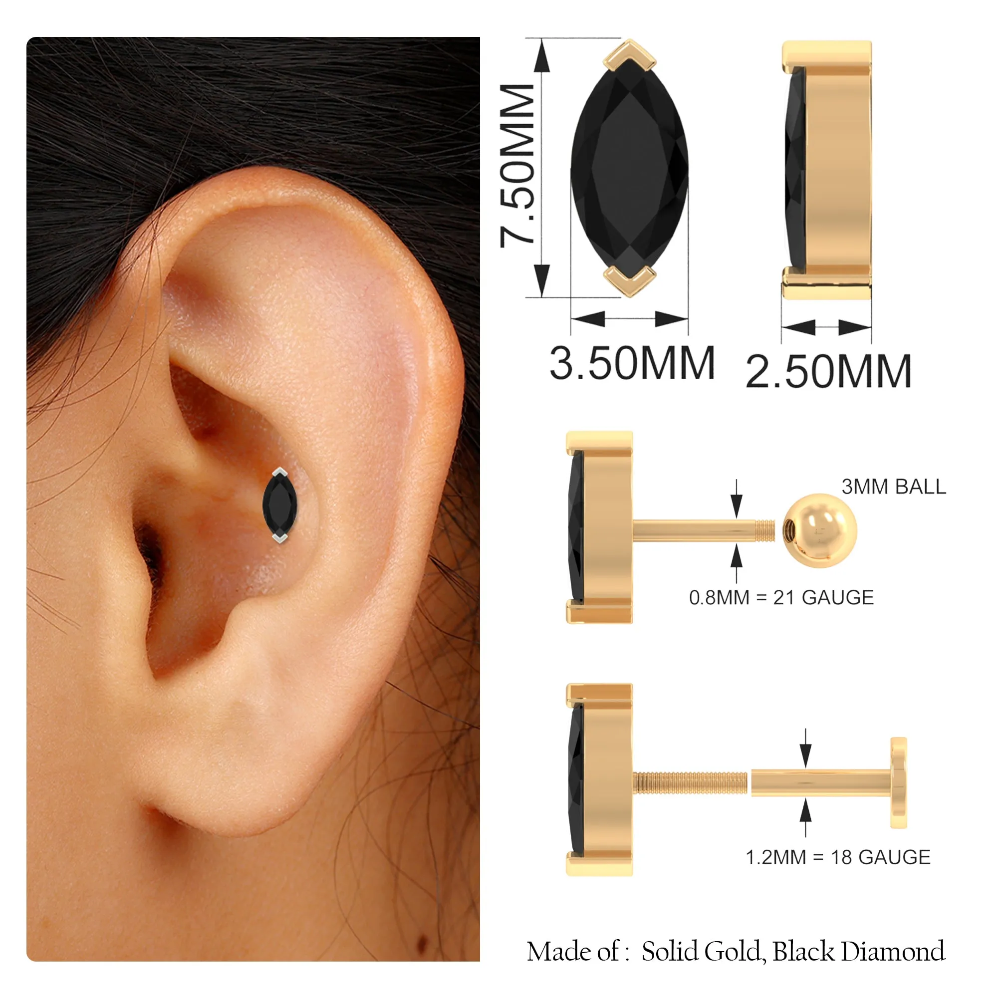 Marquise Black Onyx Solitaire Conch Earring