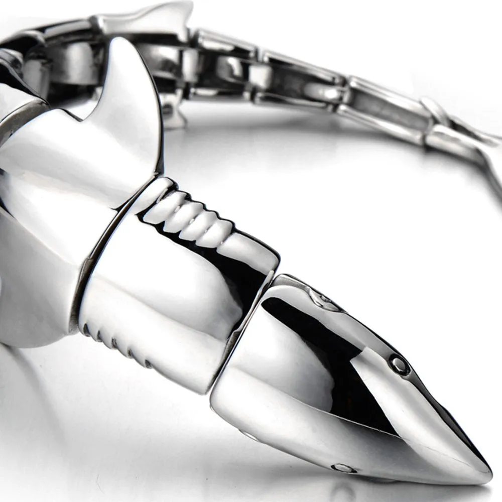 Mens Stainless Steel Large Shark Bangle Bracelet Silver Color Polished