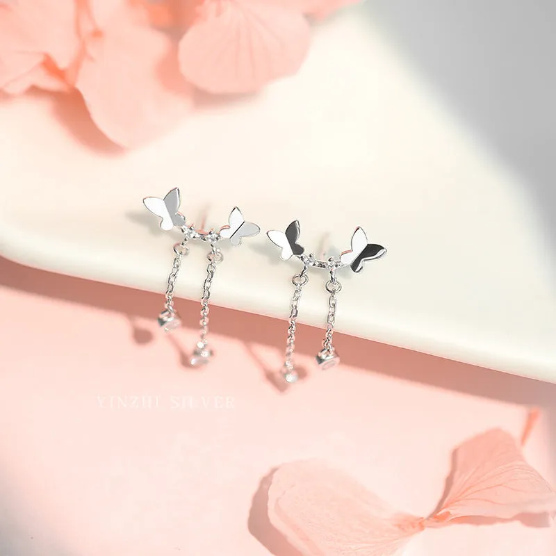 Mini Butterfly Tassel Silver Drop Earrings for Women