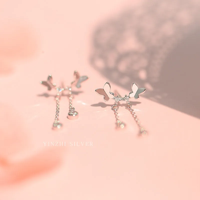 Mini Butterfly Tassel Silver Drop Earrings for Women