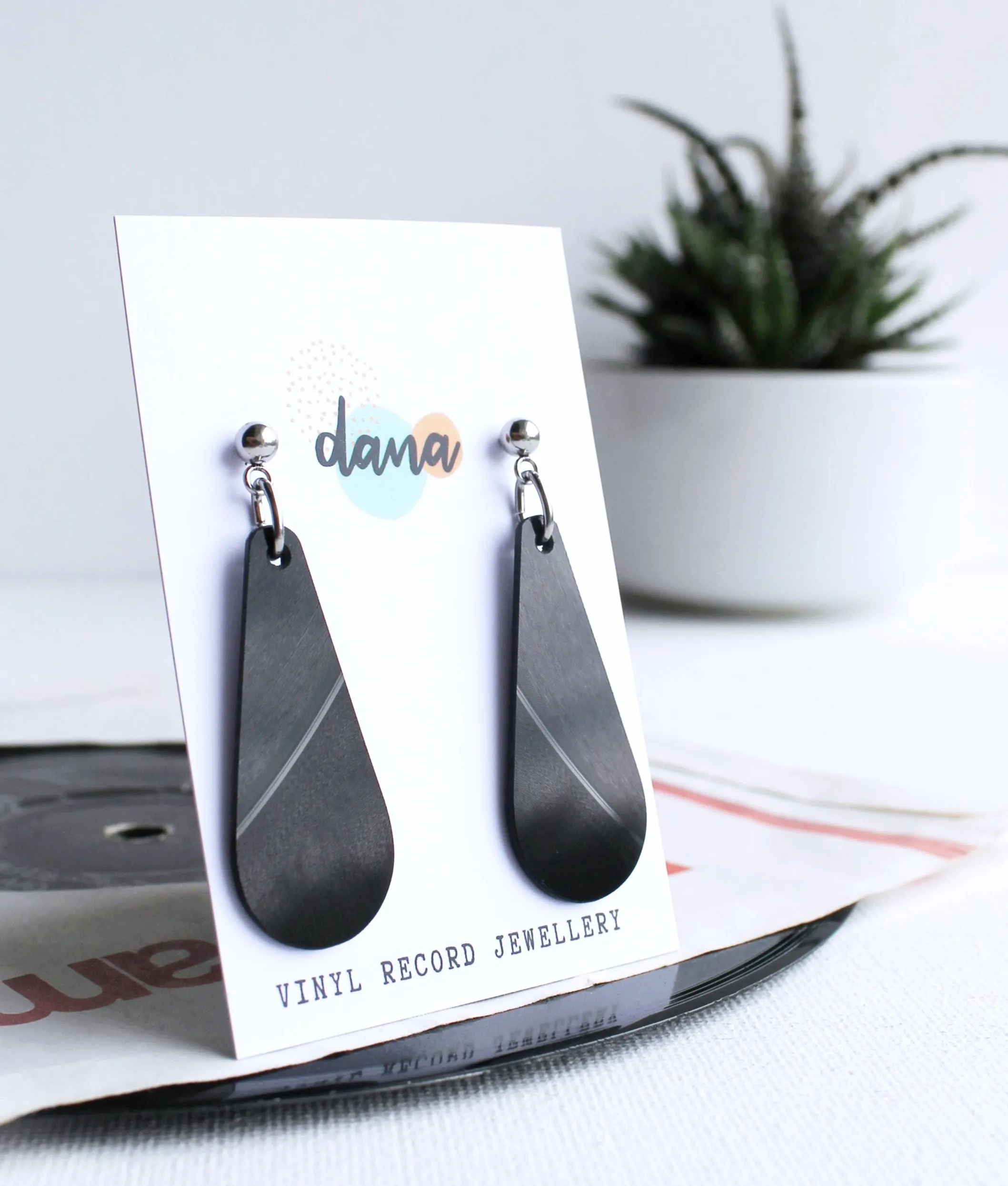 minimal long teardrop black vinyl record earrings / ethical fashion