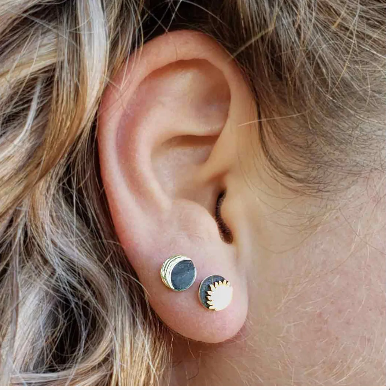 Mixed Metal Moon and Sun Post Earrings