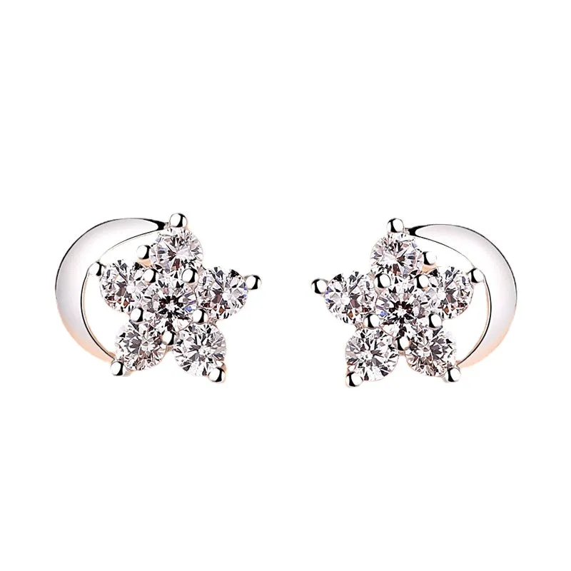 Moon and Zircon Star Silver Studs Earrings for Women