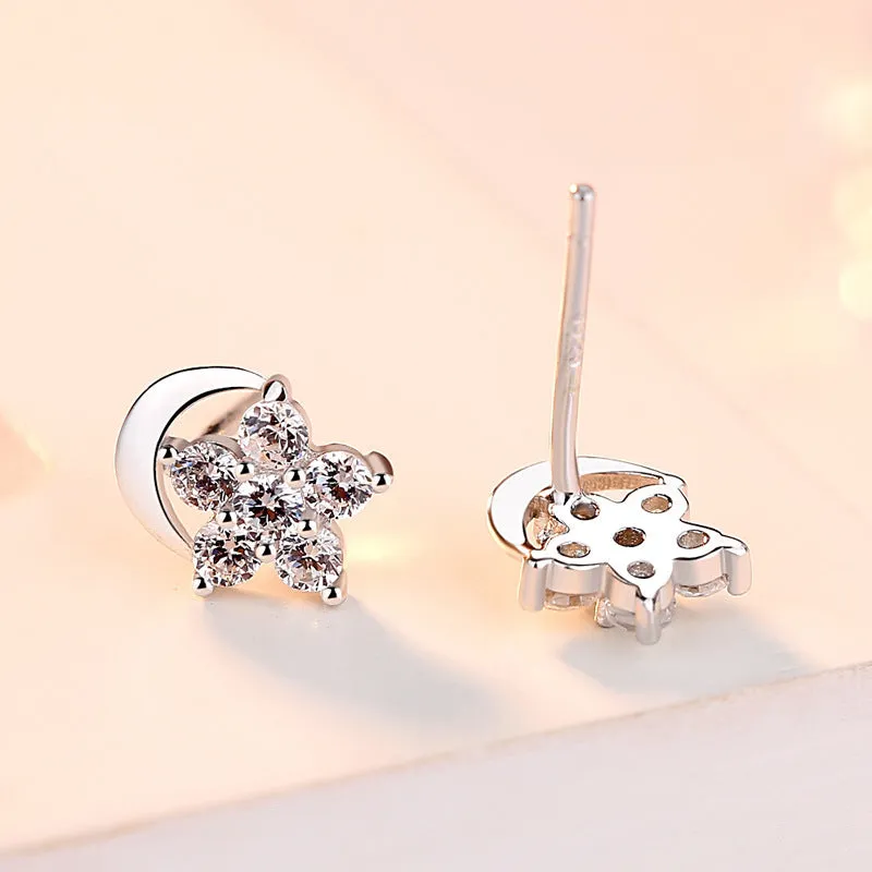 Moon and Zircon Star Silver Studs Earrings for Women