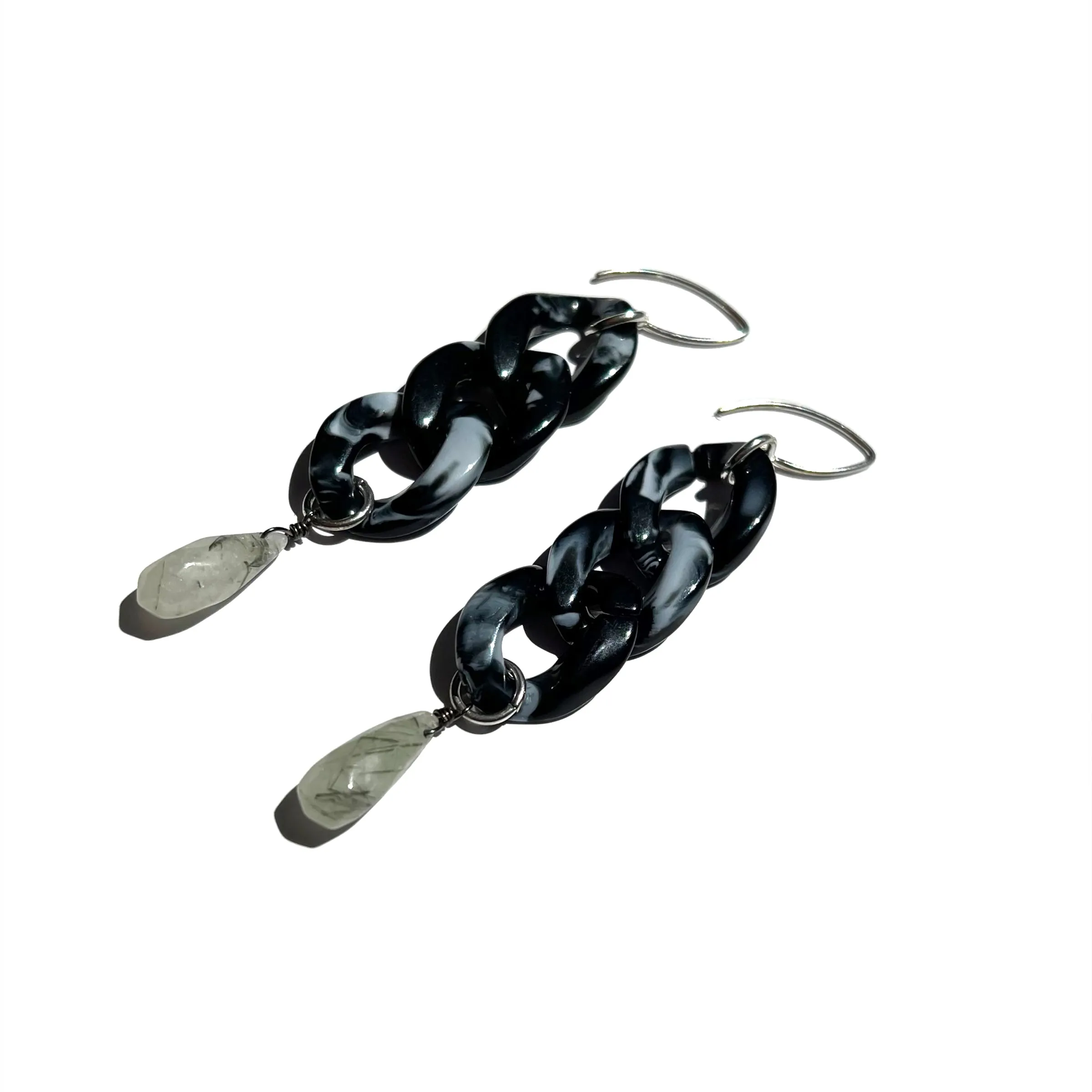 MPR x THE IMAGINARIUM: Black Marble 3 Drops with Tourmalinated Quartz and Silver Hooks