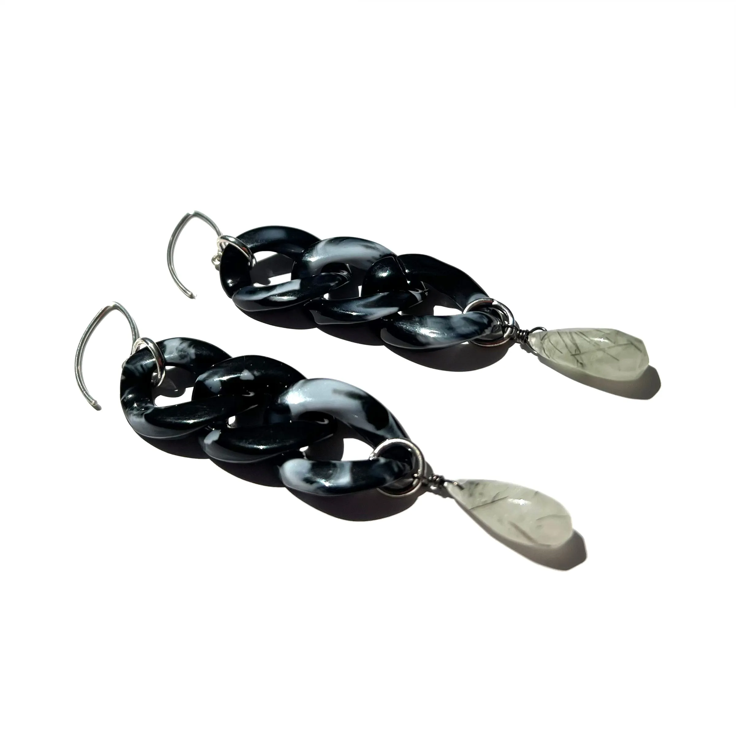 MPR x THE IMAGINARIUM: Black Marble 3 Drops with Tourmalinated Quartz and Silver Hooks