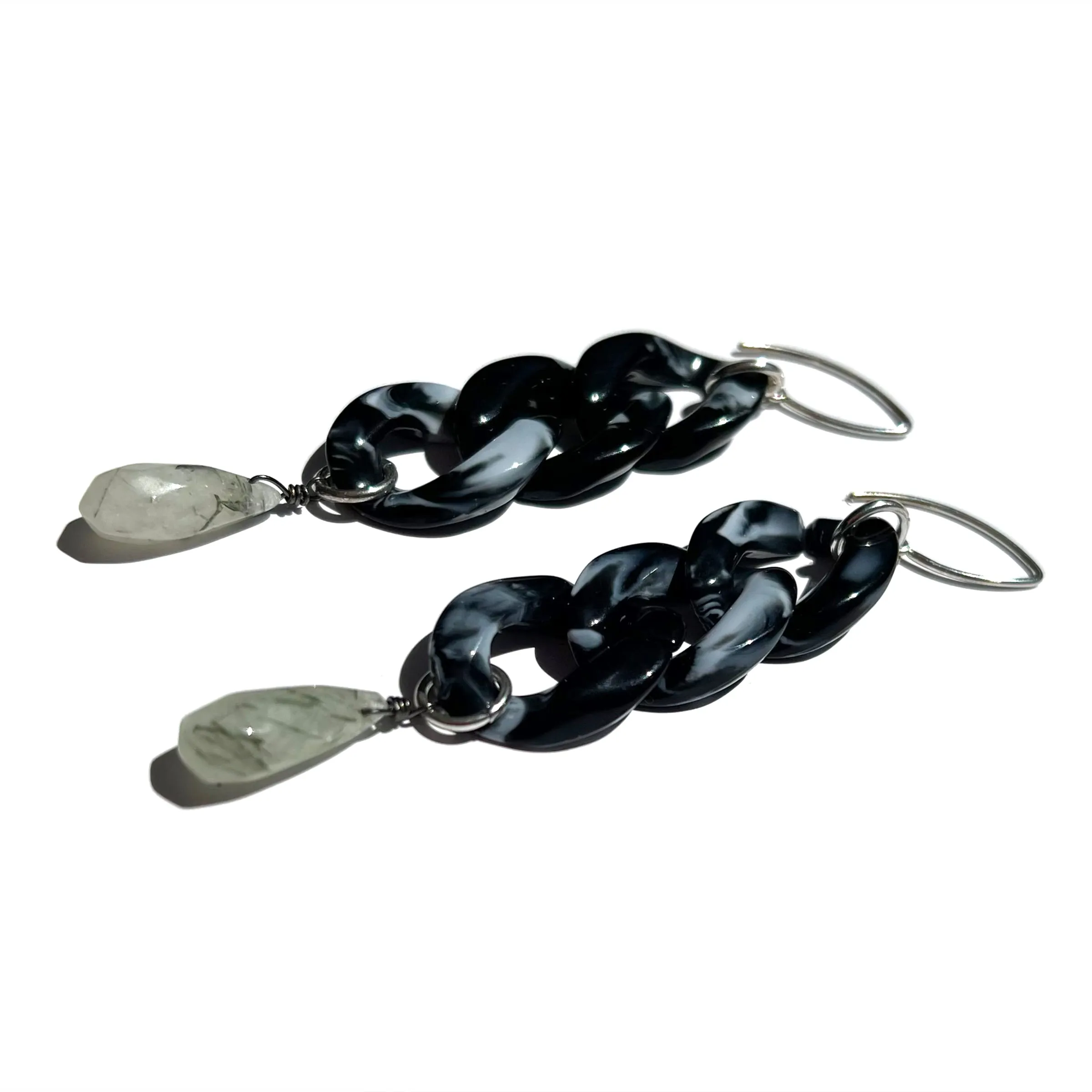 MPR x THE IMAGINARIUM: Black Marble 3 Drops with Tourmalinated Quartz and Silver Hooks