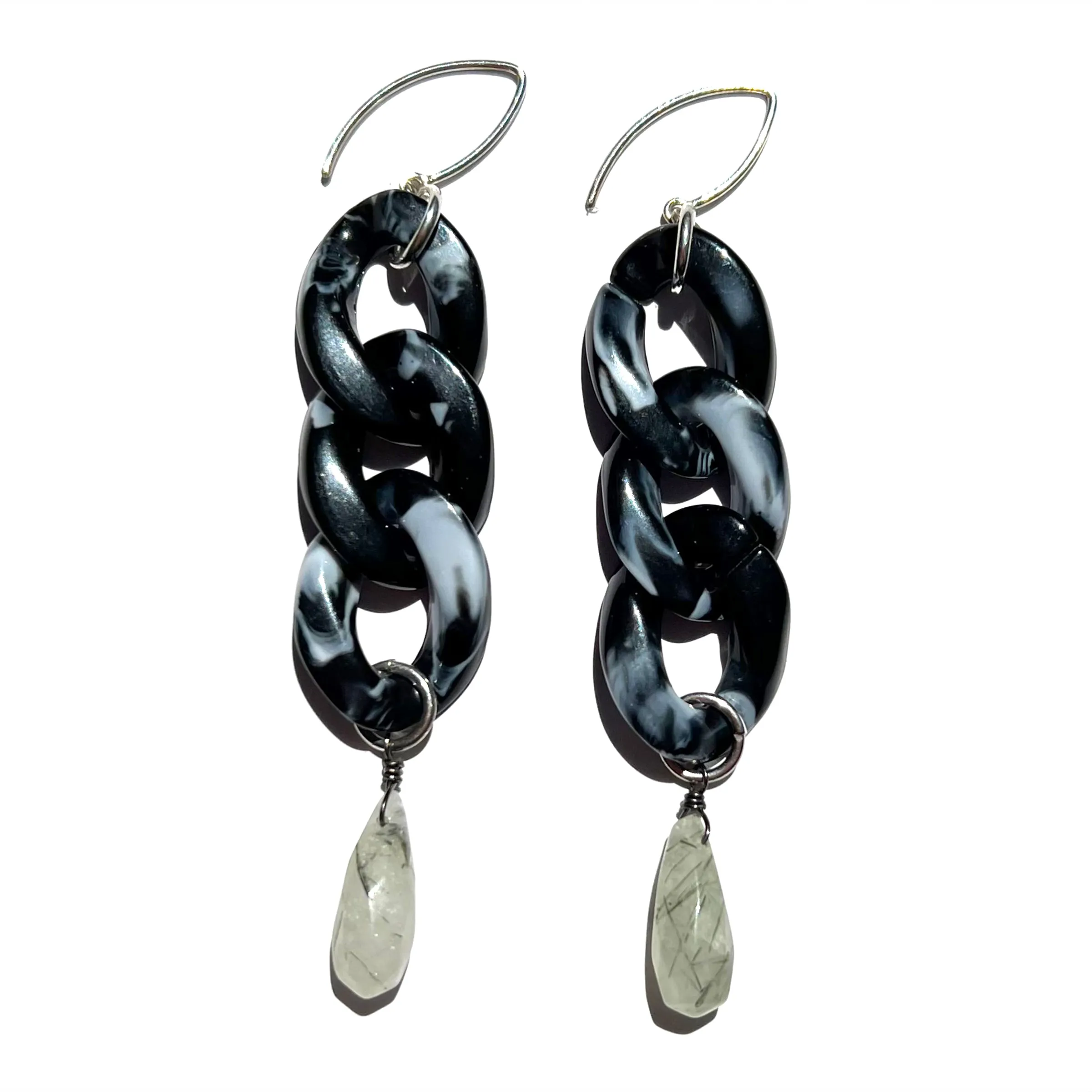 MPR x THE IMAGINARIUM: Black Marble 3 Drops with Tourmalinated Quartz and Silver Hooks