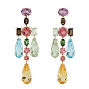Multi Gemstone Amethyst Citrine Topaz Tourmaline Chandelier Earrings 18k Yellow Gold