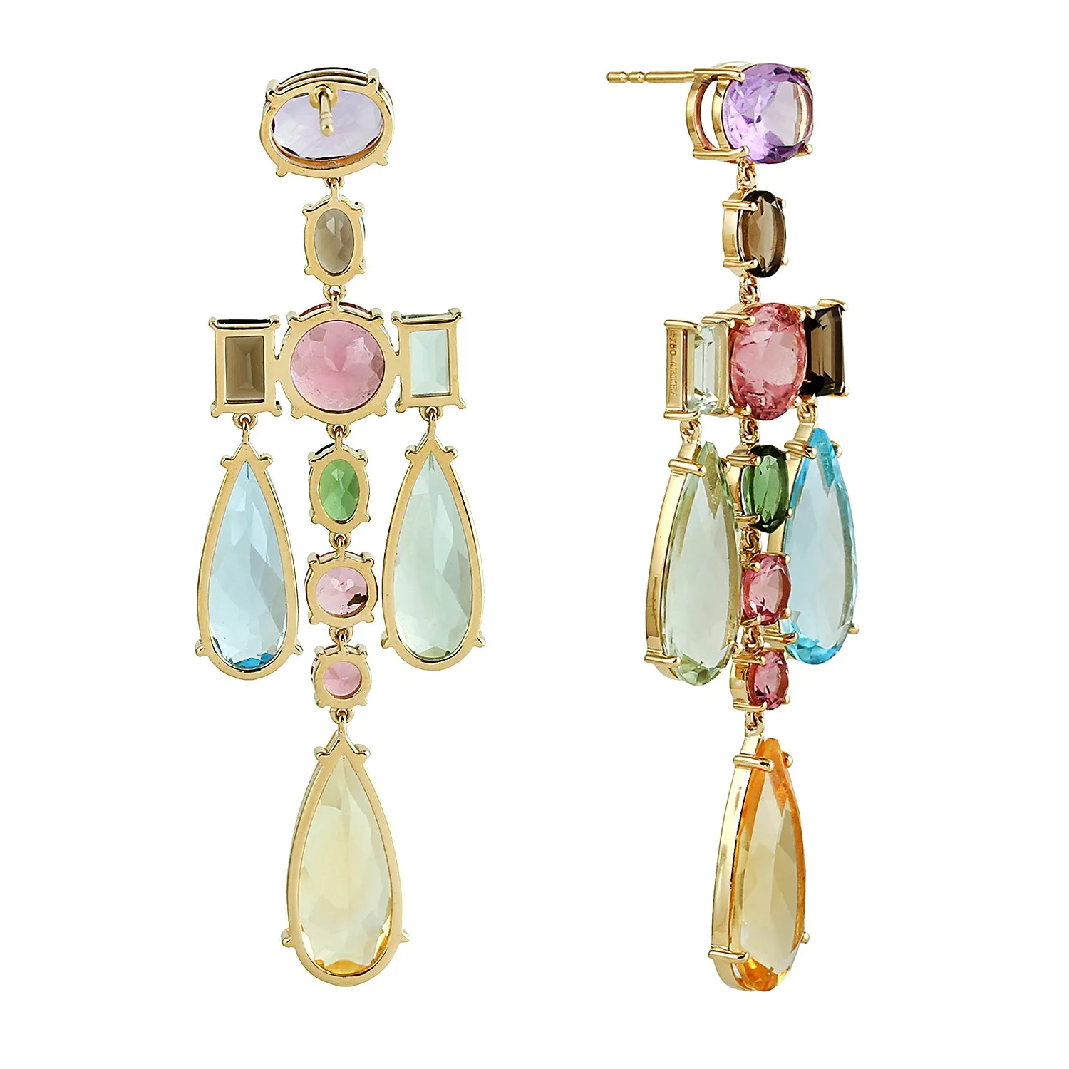 Multi Gemstone Amethyst Citrine Topaz Tourmaline Chandelier Earrings 18k Yellow Gold