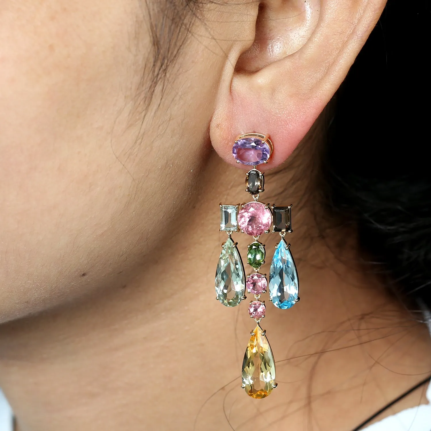 Multi Gemstone Amethyst Citrine Topaz Tourmaline Chandelier Earrings 18k Yellow Gold