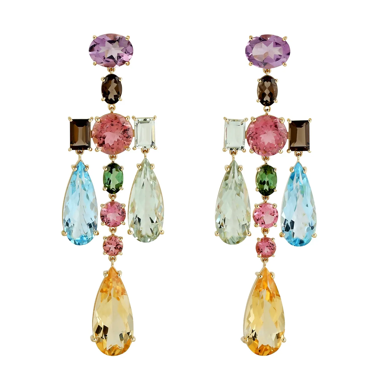 Multi Gemstone Amethyst Citrine Topaz Tourmaline Chandelier Earrings 18k Yellow Gold