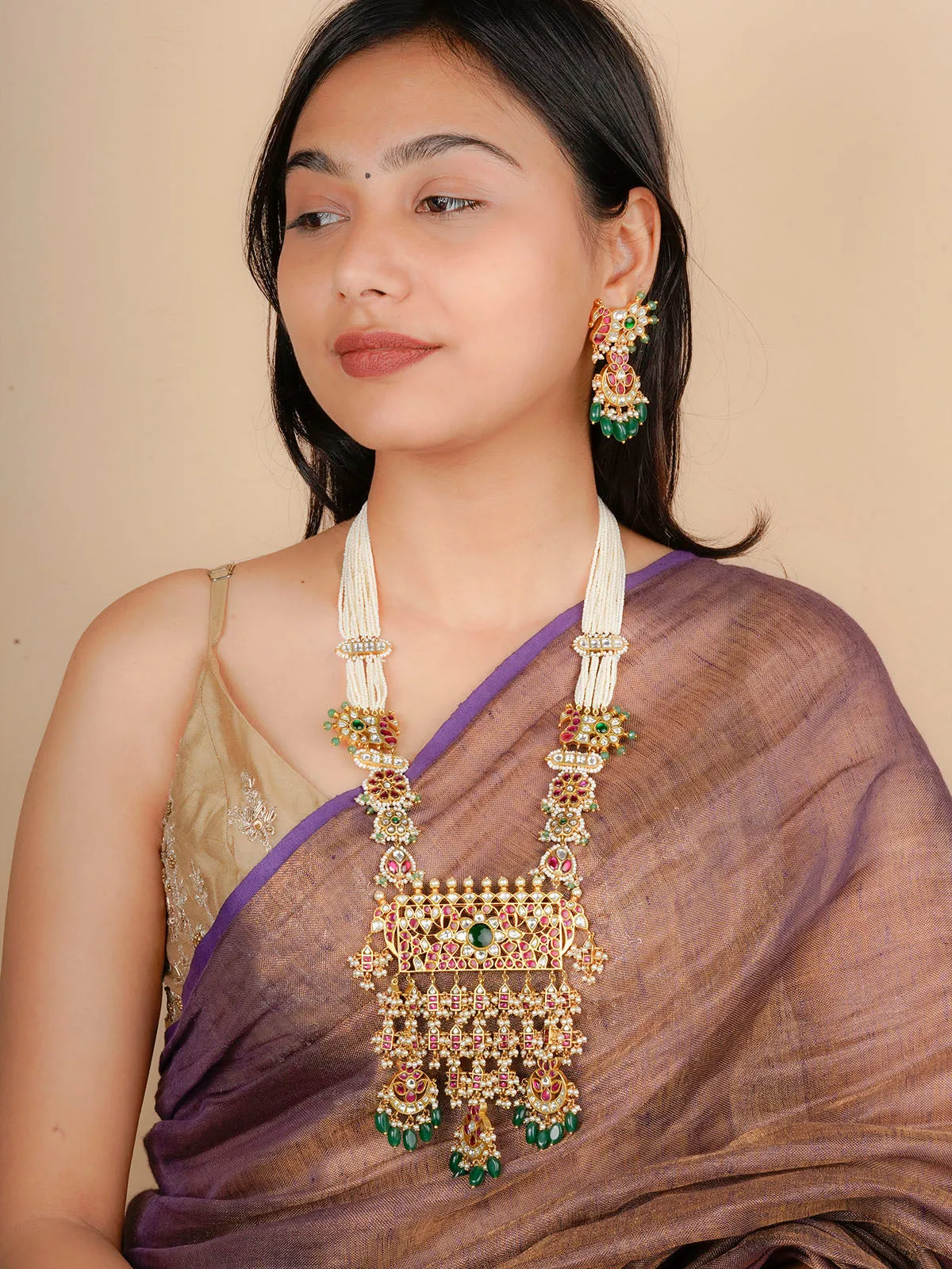 Multicolor Gold Plated Jadau Kundan Bridal Necklace Set - MS1758M