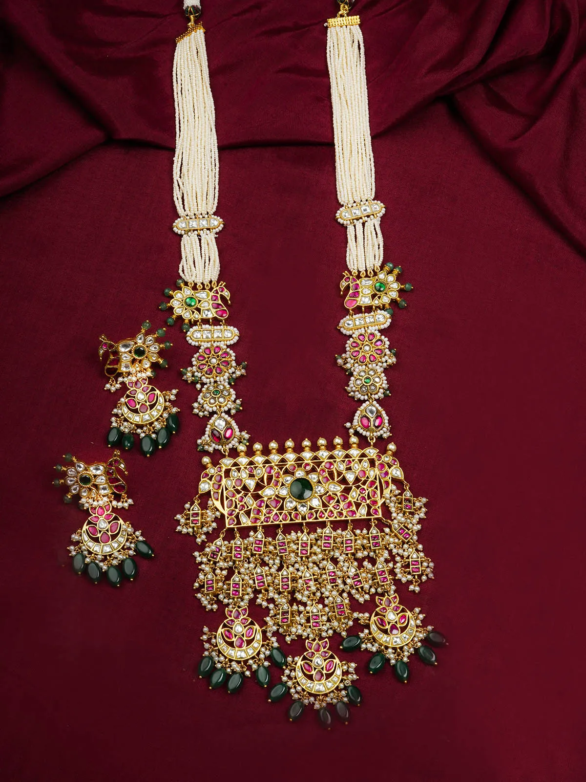 Multicolor Gold Plated Jadau Kundan Bridal Necklace Set - MS1758M