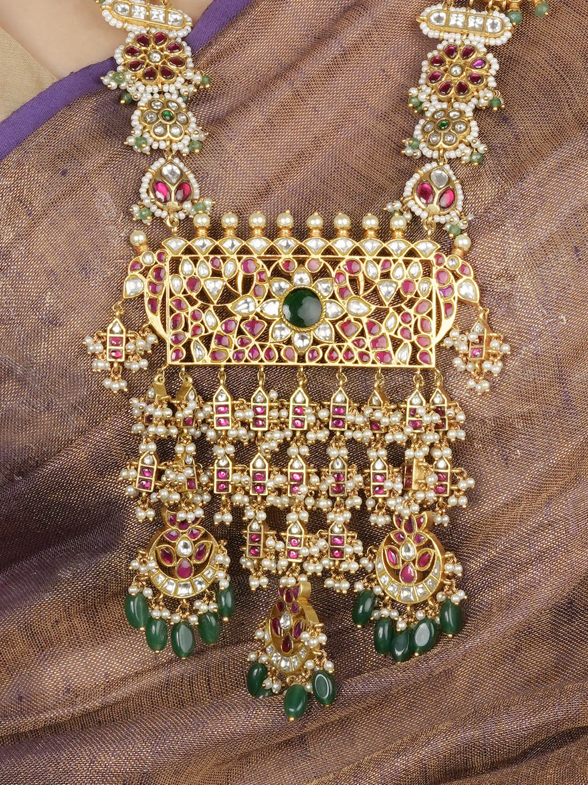 Multicolor Gold Plated Jadau Kundan Bridal Necklace Set - MS1758M