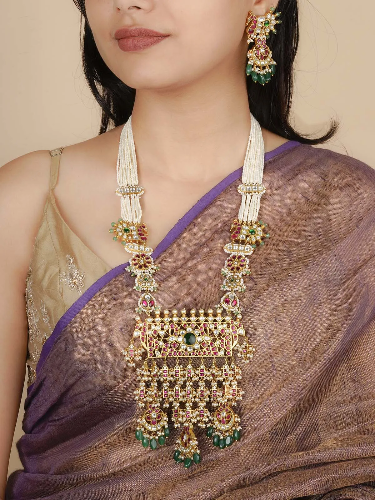 Multicolor Gold Plated Jadau Kundan Bridal Necklace Set - MS1758M