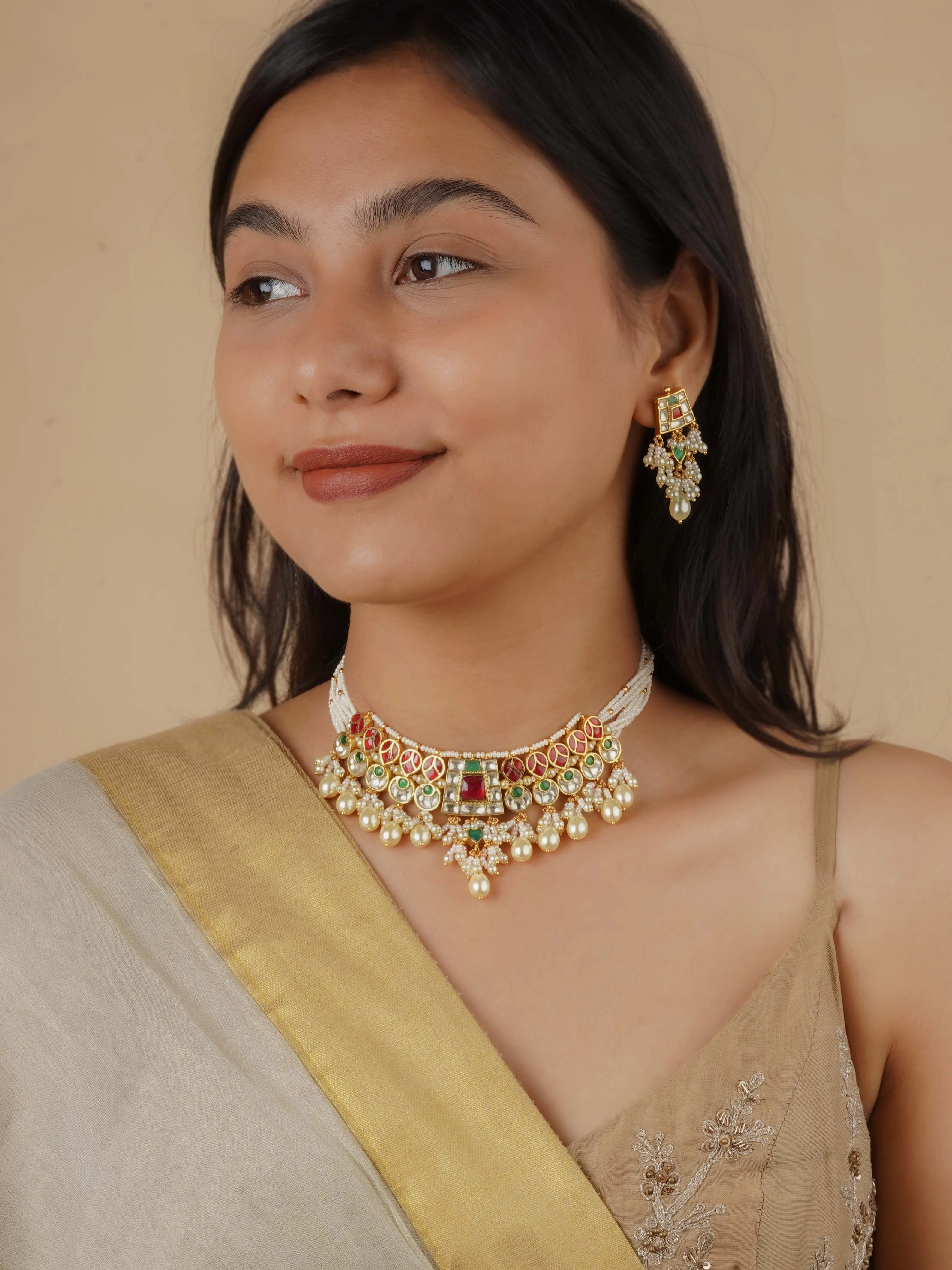 Multicolor Gold Plated Jadau Kundan Necklace Set - MS2149M