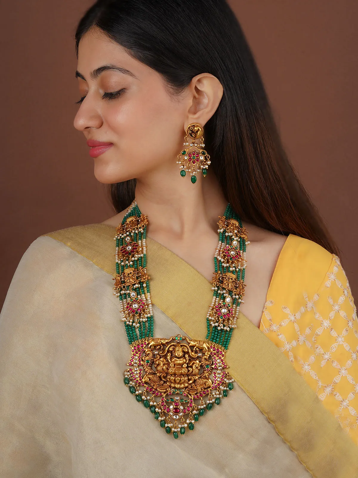 Multicolor Gold Plated Temple Necklace Set - TMPSET228M