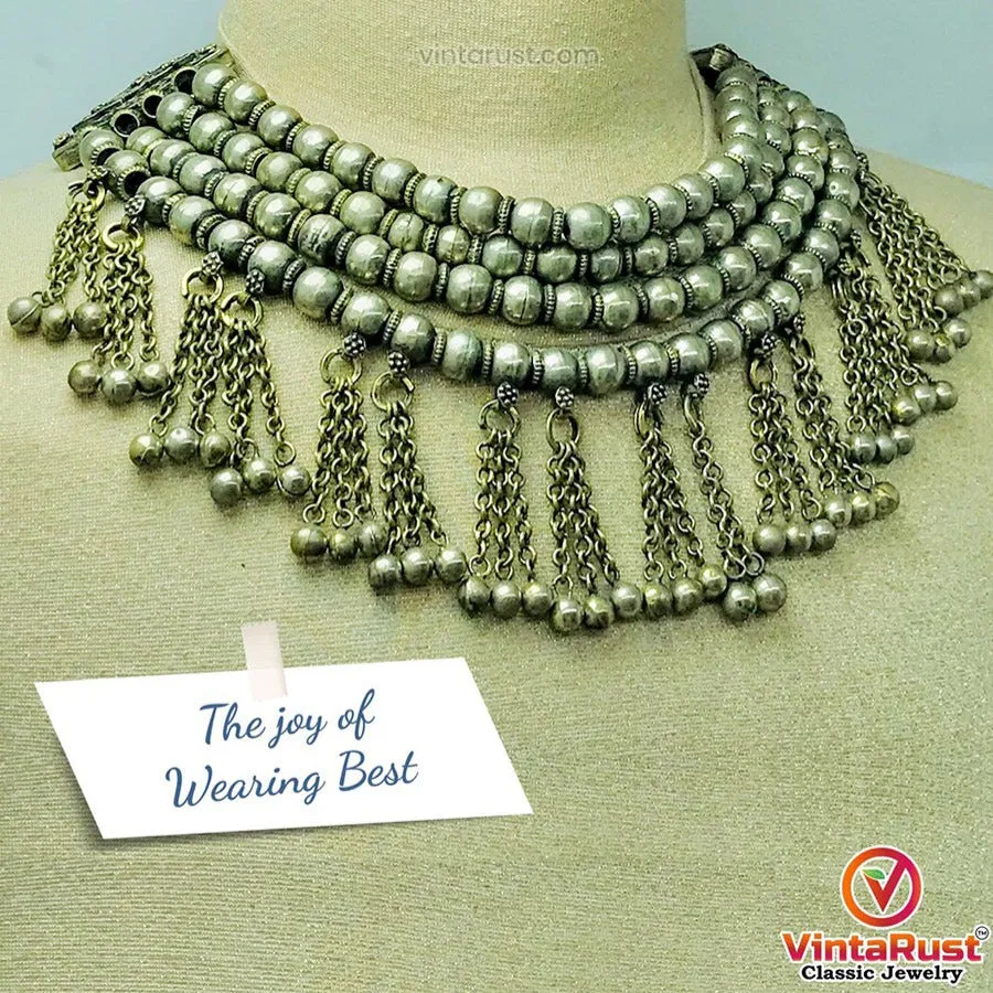 Multilayers Silver Metallic Beaded Choker Necklace
